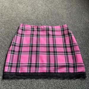Pink Plaid Women's Skirt with Black Lace Trim
